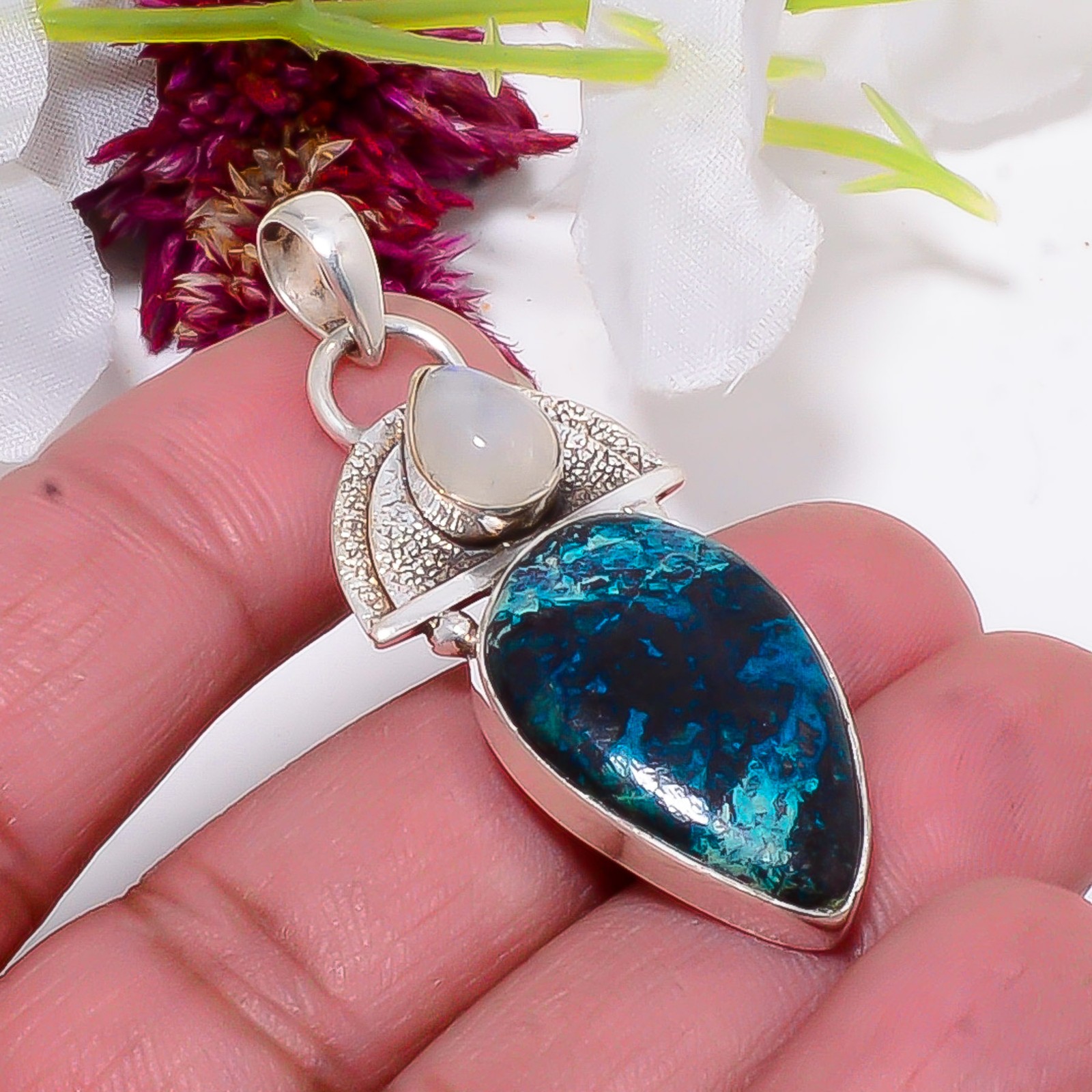 Shattuckite – Arizona & Rainbow Moonstone 925 Sterling Silver Pendant 2.03″ Sk13