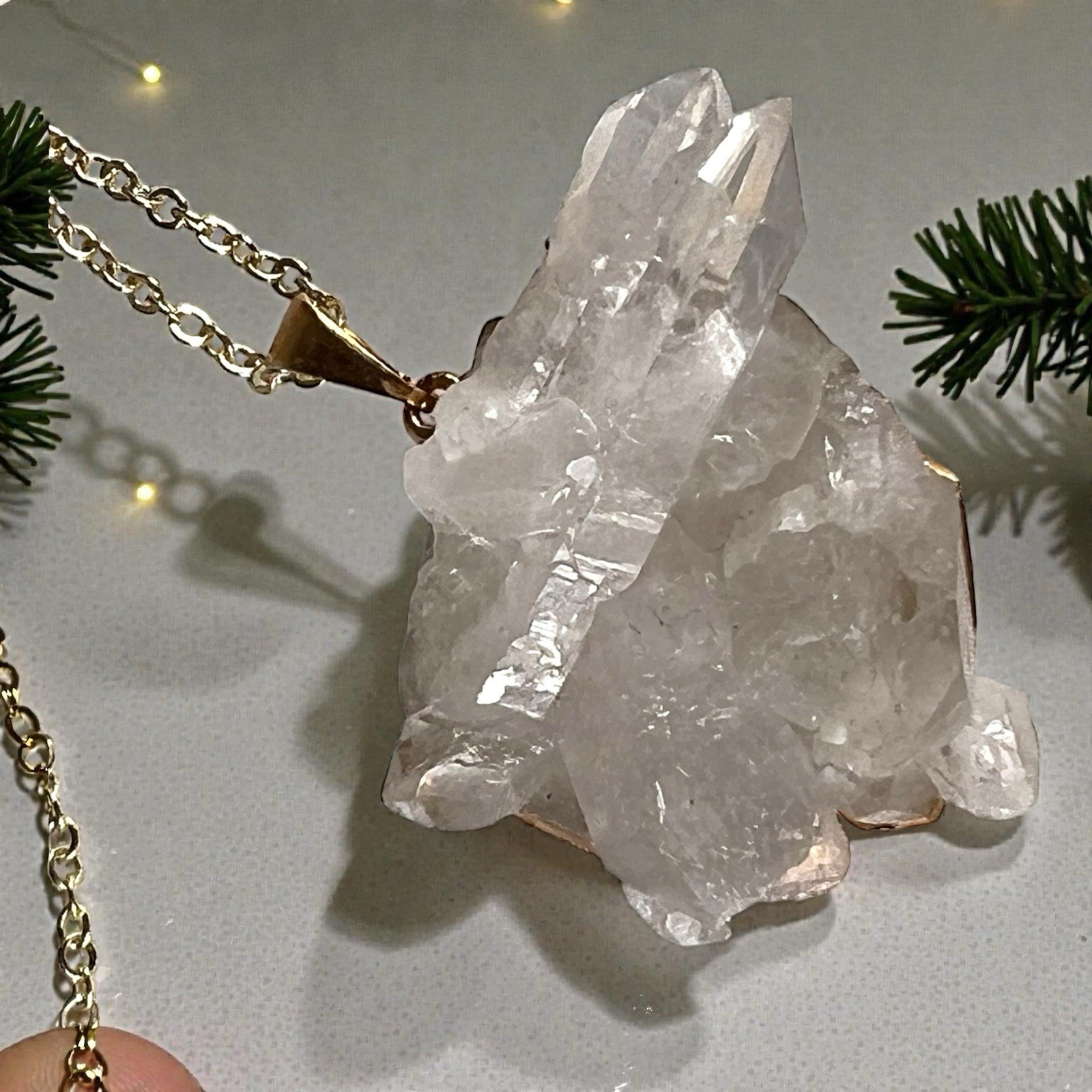 Semi Clear Quartz Cluster Pendant Necklace with a Gold-Toned Chain 32”