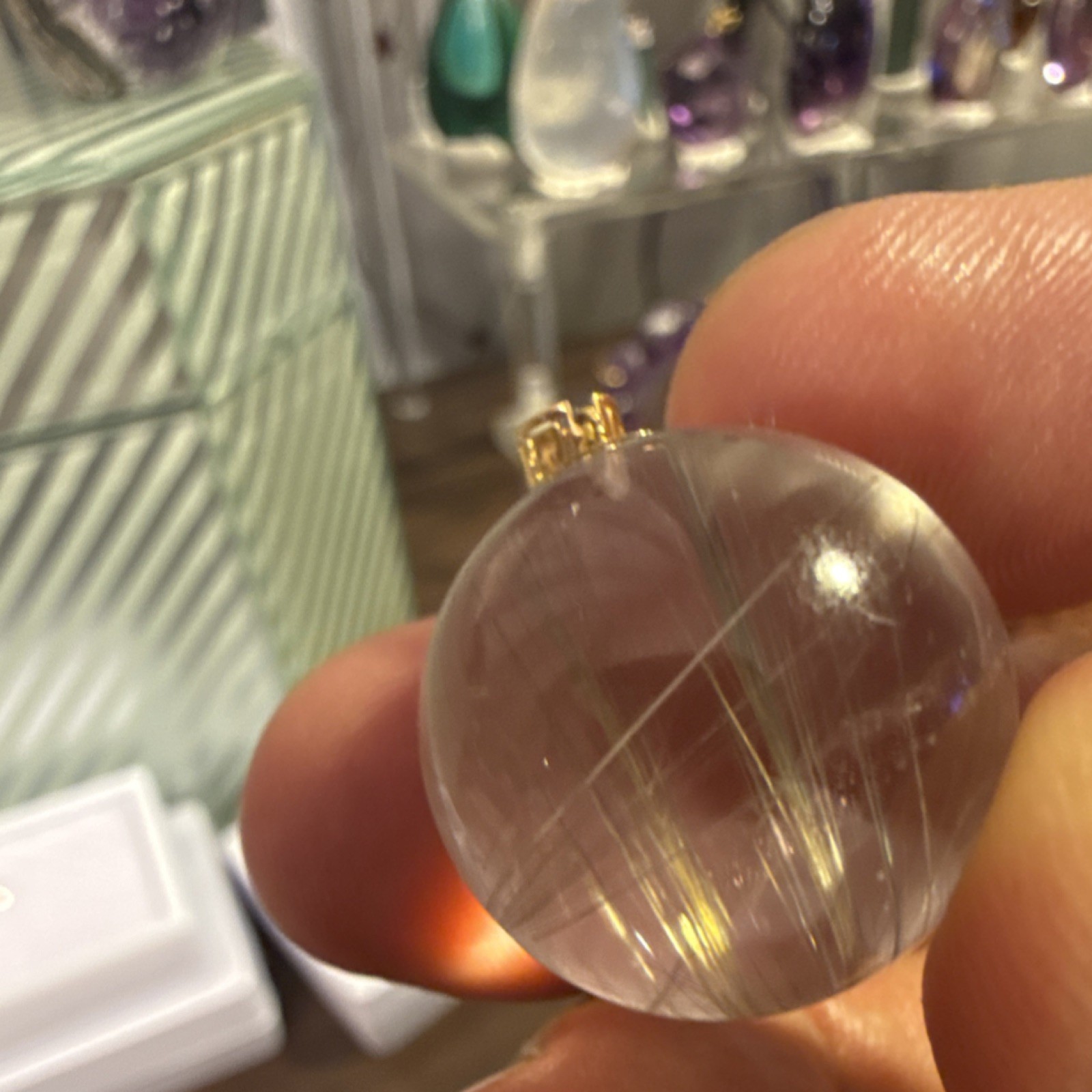 Clear Quartz With Silver Rutile Sphere Charm Pendant with 18k Gold Bail