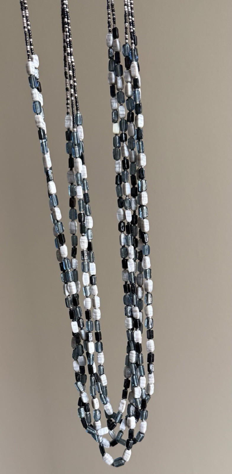Black White Gray Multi-Strand Layered Glass Rectangular Bead Necklace, Lobster