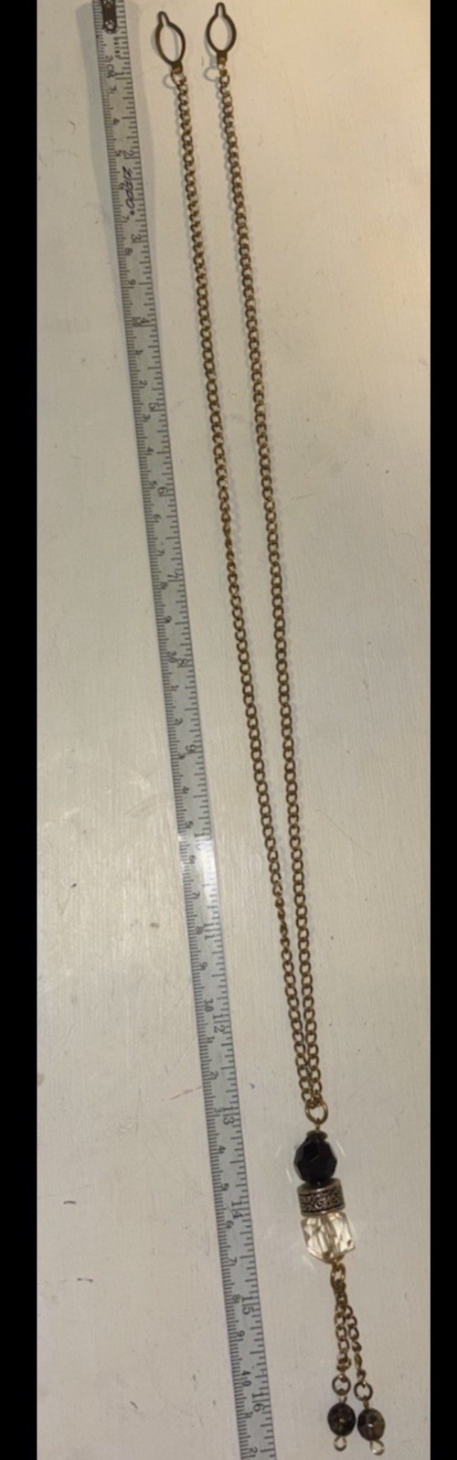 Vintage Gold Tone Necklace Black Beads Clear Crystal Tassel Pendant