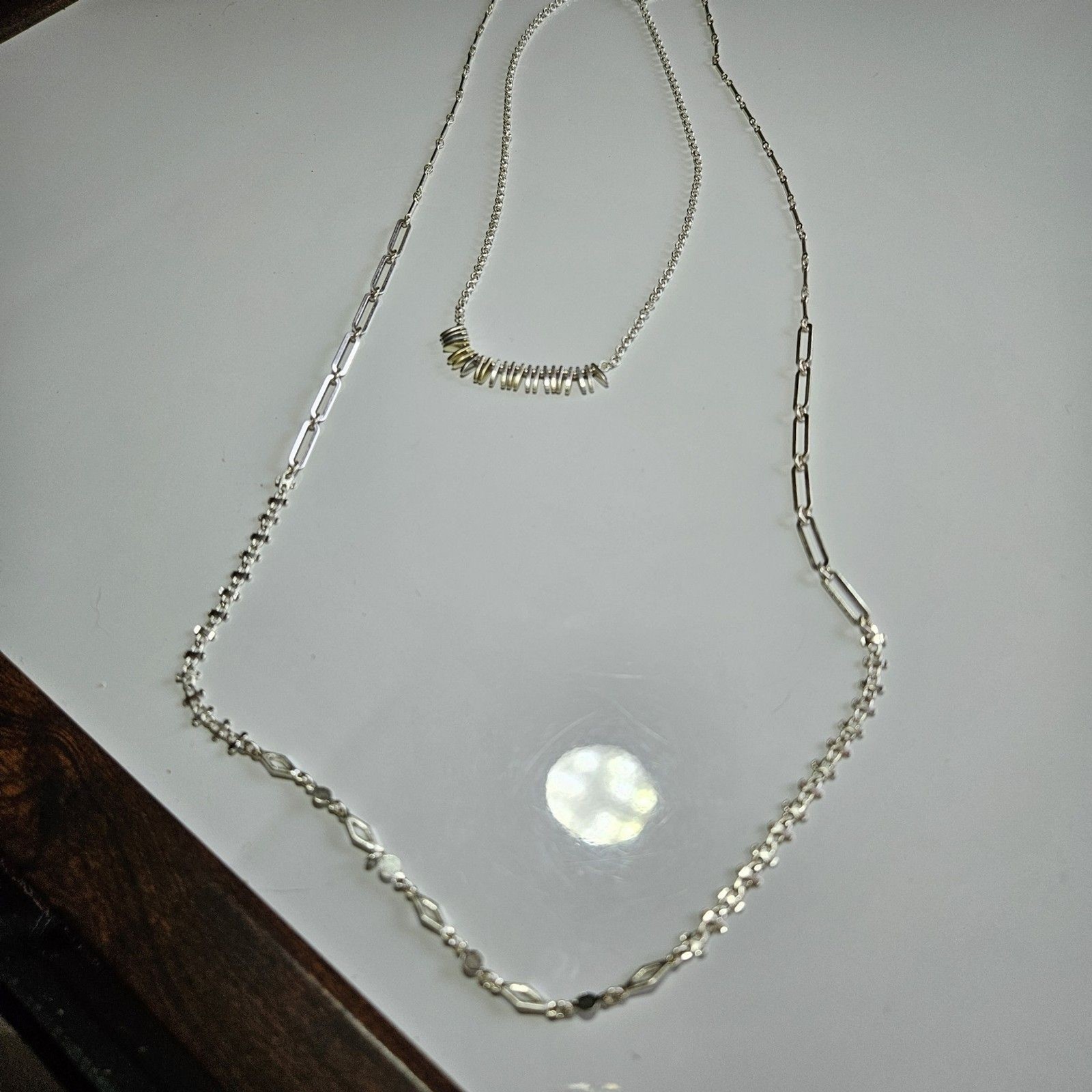 Silver Tone Long Short Layered Necklace 15/32 To 18/35″