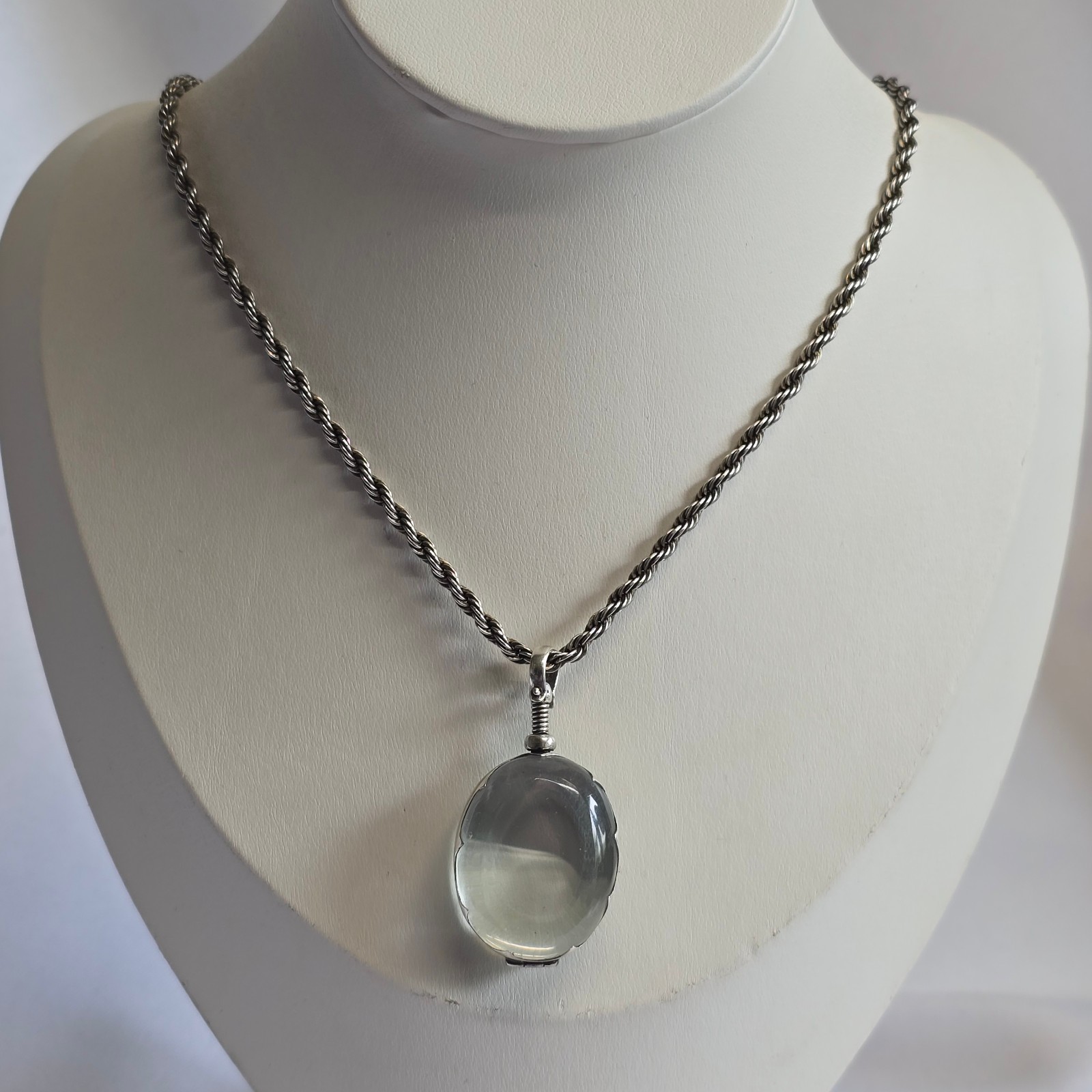 Sterling Silver Glass Locket Necklace 31.14g Fine Jewelry 24″ Rope Chain *READ*