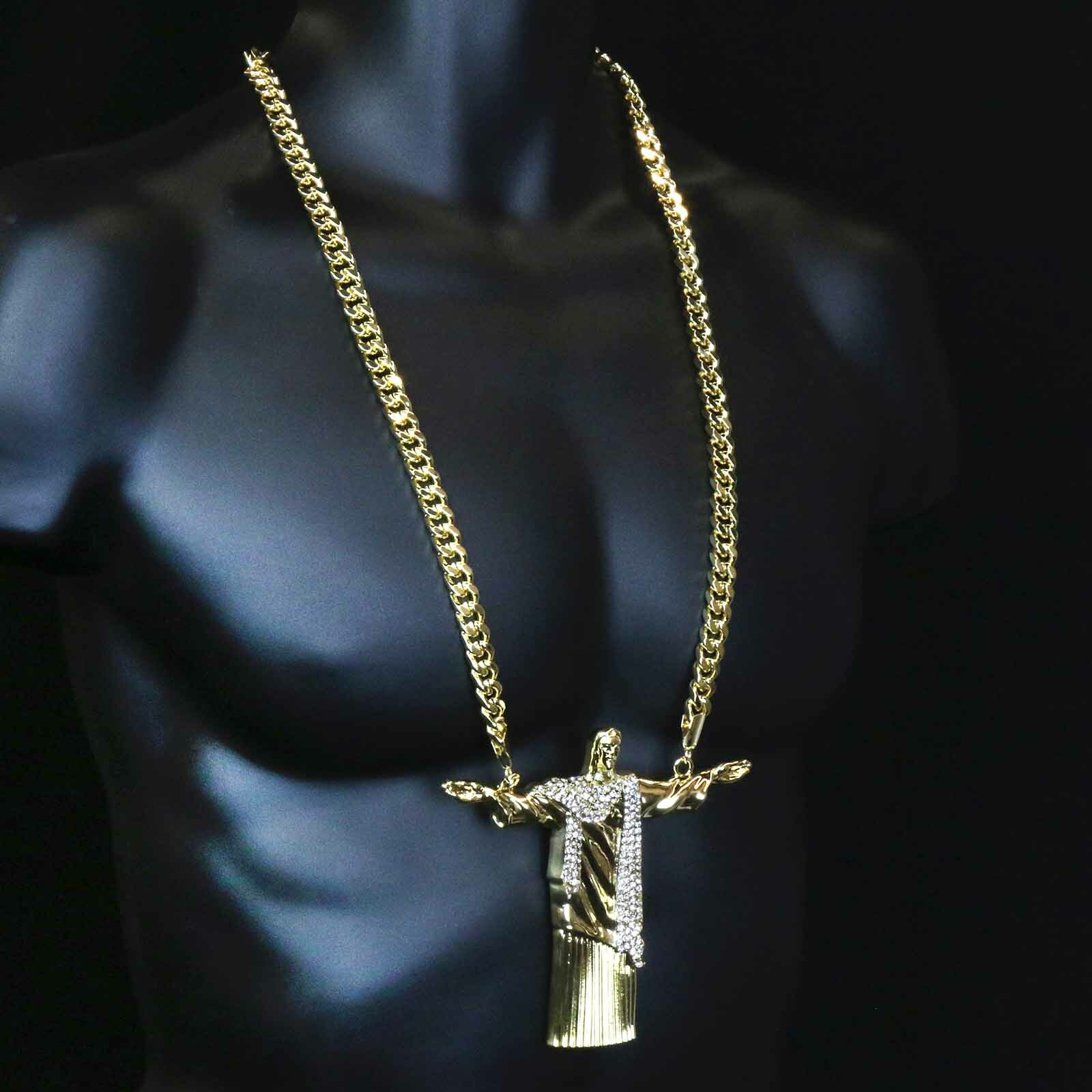 Hip Hop 14k Gold Plated Huge “JESUS” Pendant Cubic Zirconia 30″ Cuban Chain (H)