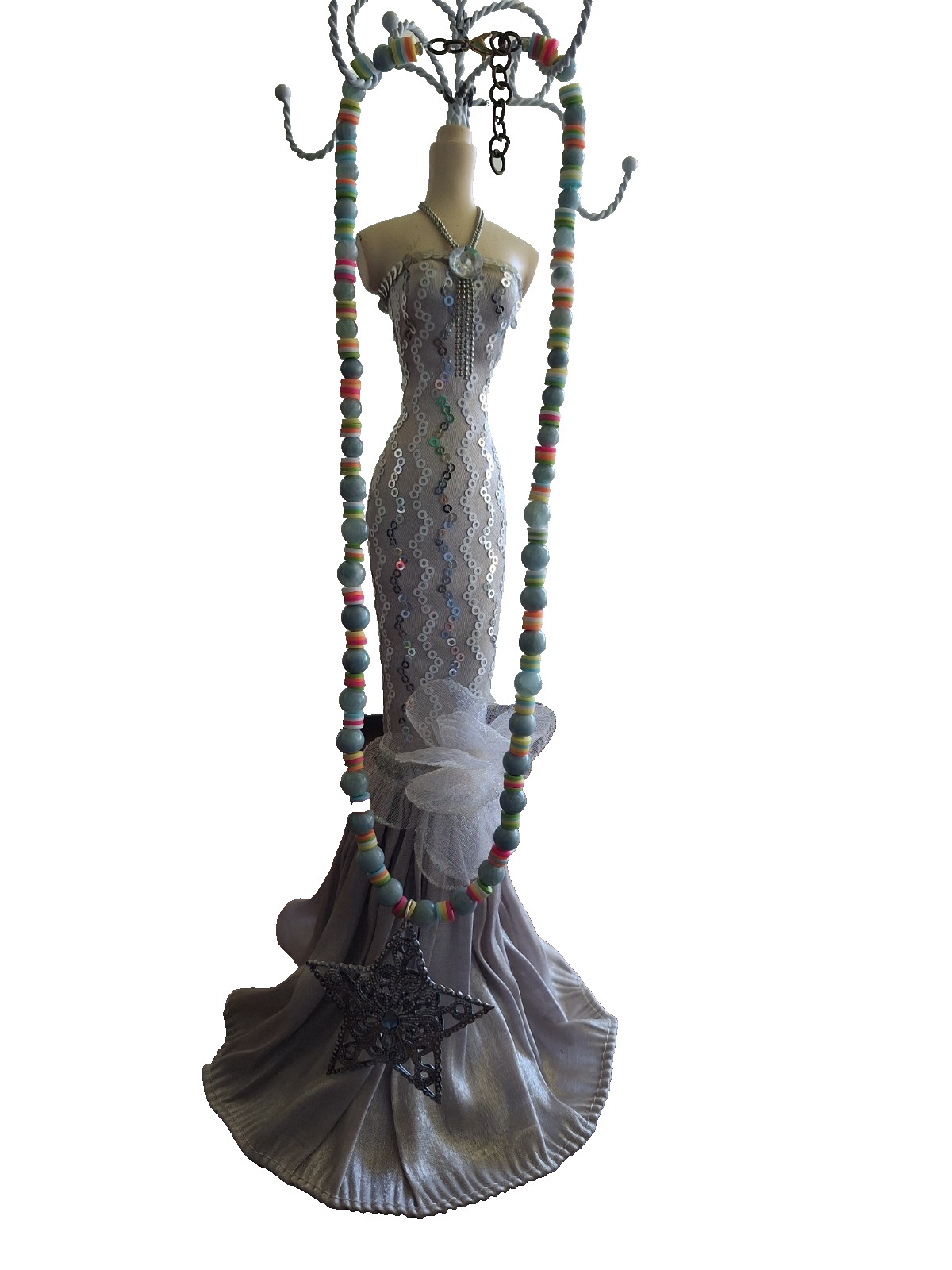 14 inch necklace with a star and multicolored and blue grey beads