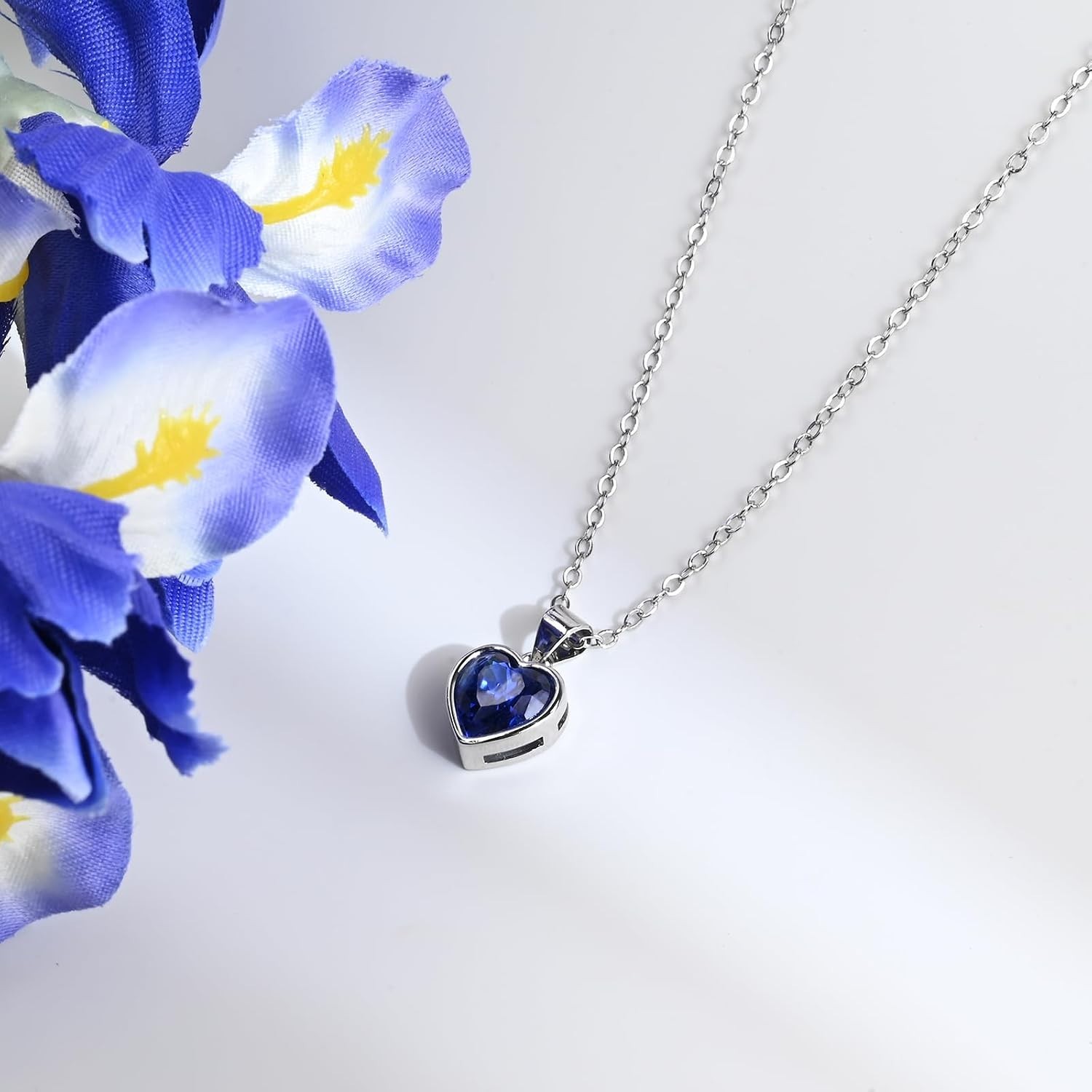 Classic Sapphire Heart Pendant Necklace in Sterling Silver – Adjustable 18-20″