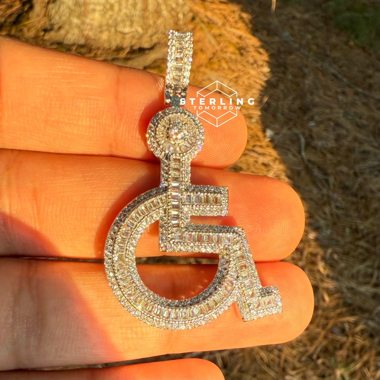 14k Gold Plated Iced Out Wheelchair Pendant Bling + AntiTarnish Rope Chain
