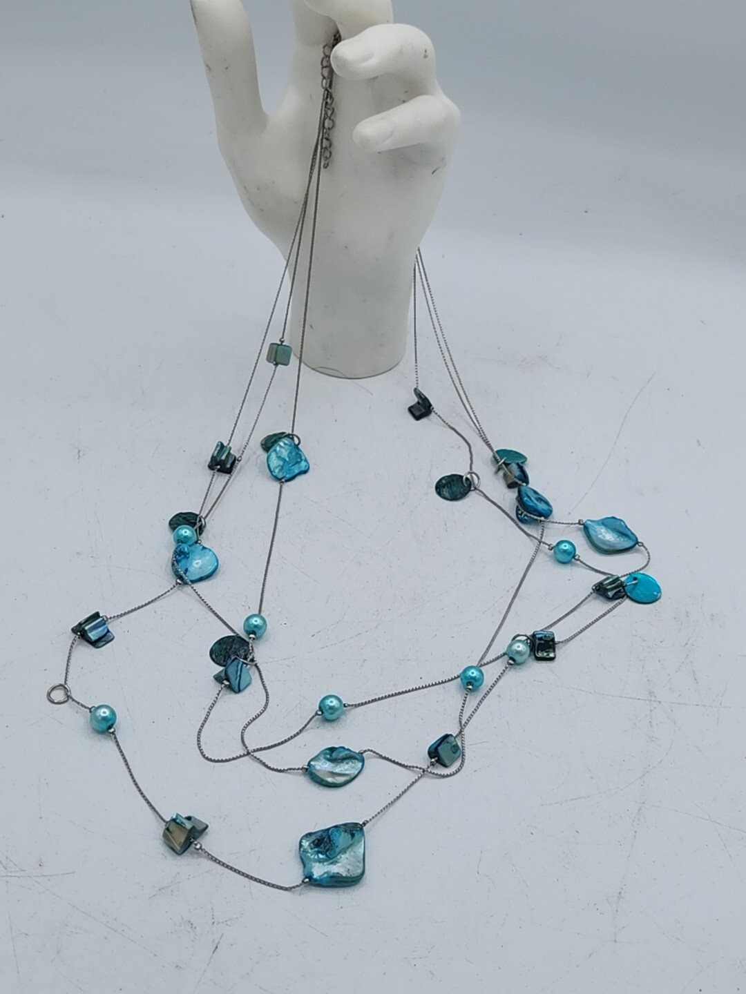 Silver Tone Multi Colored Blue/Turqoise Lagoon 3 Strand Shell Necklace 16″1/2″