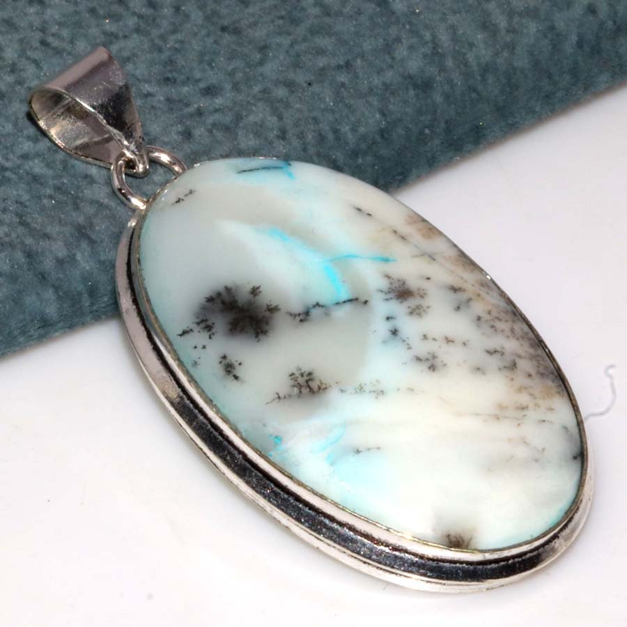 Marine Blue Dendritic 925 Silver Plated Pendant 2″ Jewellery Most Beautiful JW