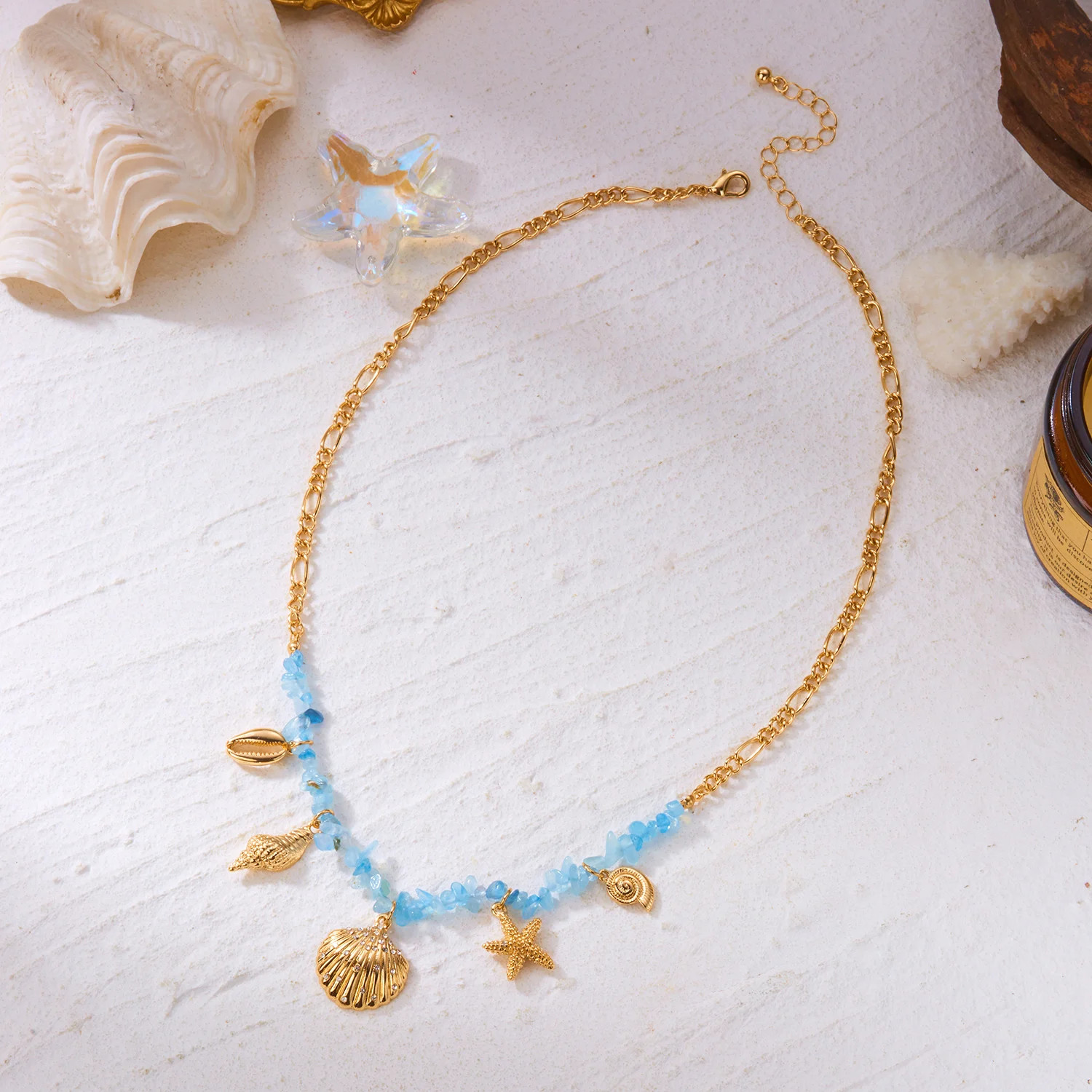 Light Blue Shell Starfish Conch Pendant Necklace for Women Summer Vacation Style