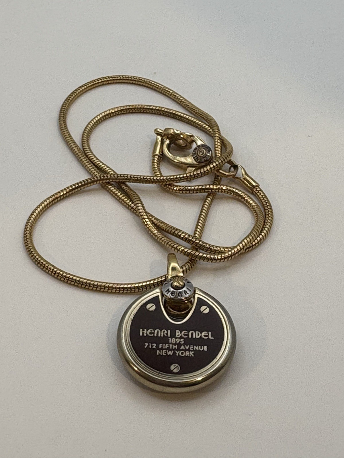 Henri Bendel Lock Pendant Necklace Brown White Stripe Gold Tone Snake Chain