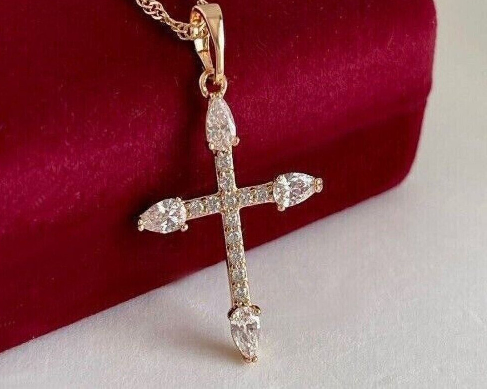 925 Sterling Silver Simulated Diamond Holy Cross Pendant 14K Yellow Gold Plated