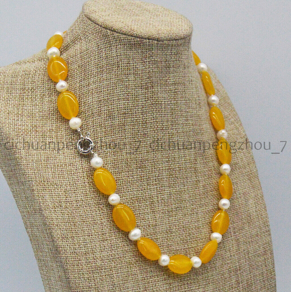 Natural 7-8mm White Freshwater Pearl 13x18mm Oval Yellow Topaz Necklace 14-36”