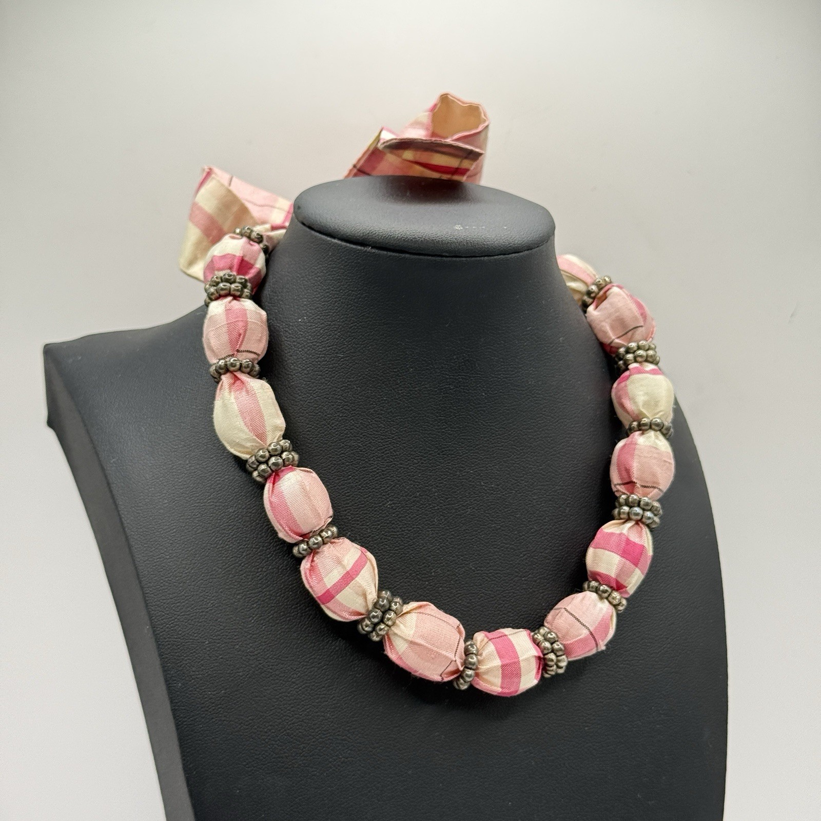 Pink Plaid Fabric Tie Back Necklace PEAPODS.ORG Preppy Adjustable Beaded Girly