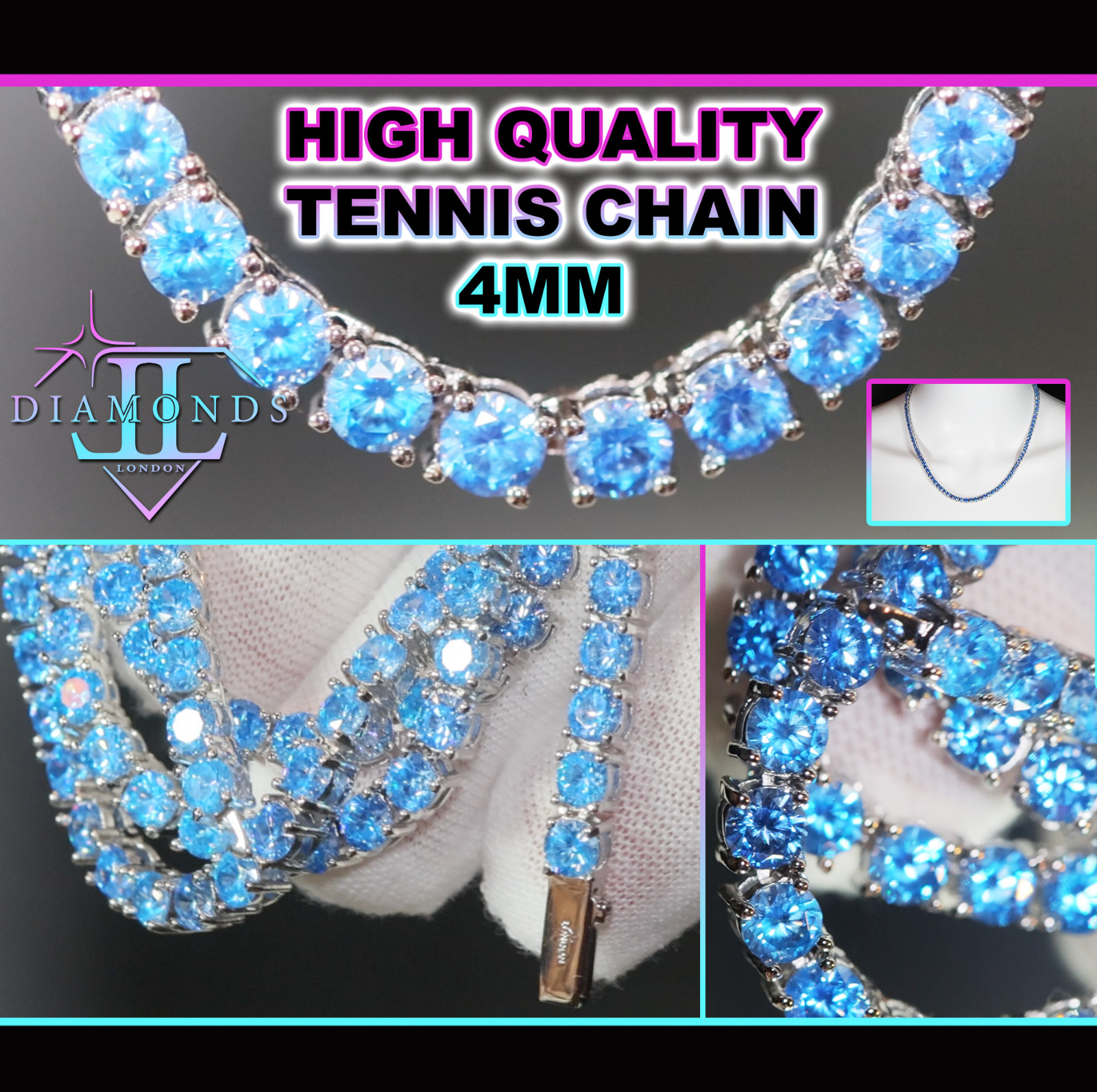Simulated Blue Diamond Tennis Chain | Tennis Necklace | Aquamarine Tennis Chain