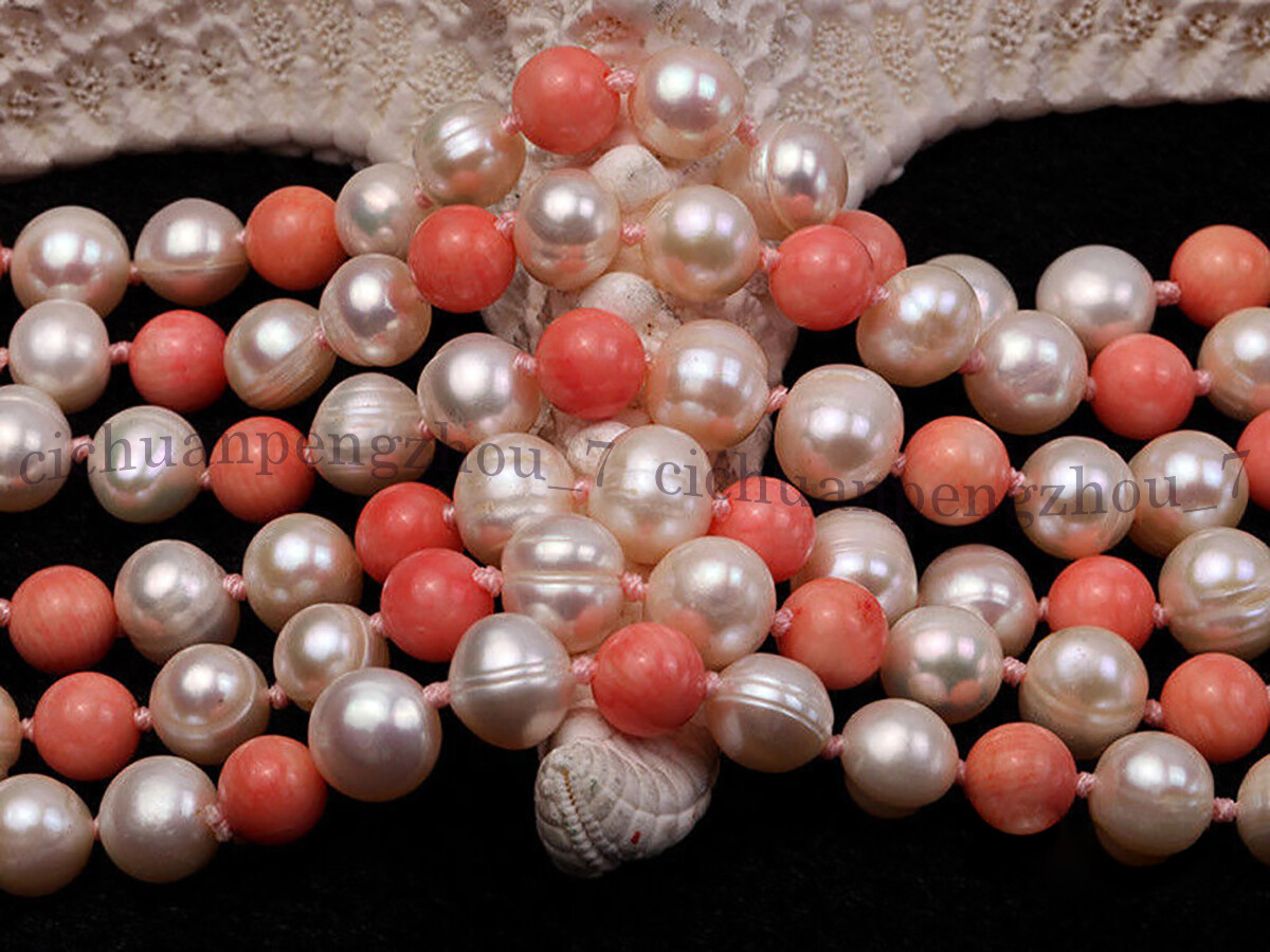 Natural 7-8mm White Freshwater Pearl 8mm Pink Coral Round Beads Necklace 36-100″