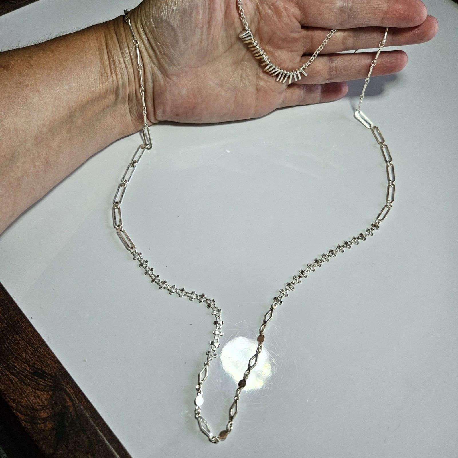 Silver Tone Long Short Layered Necklace 15/32 To 18/35″