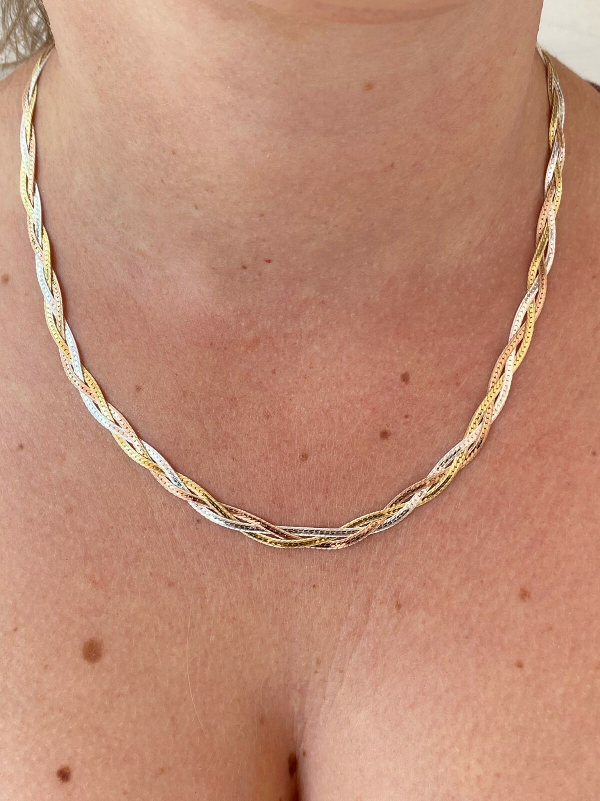 925 Silver TriColor Yellow Rose Gold Plated Twisted Braided Herringbone Necklace
