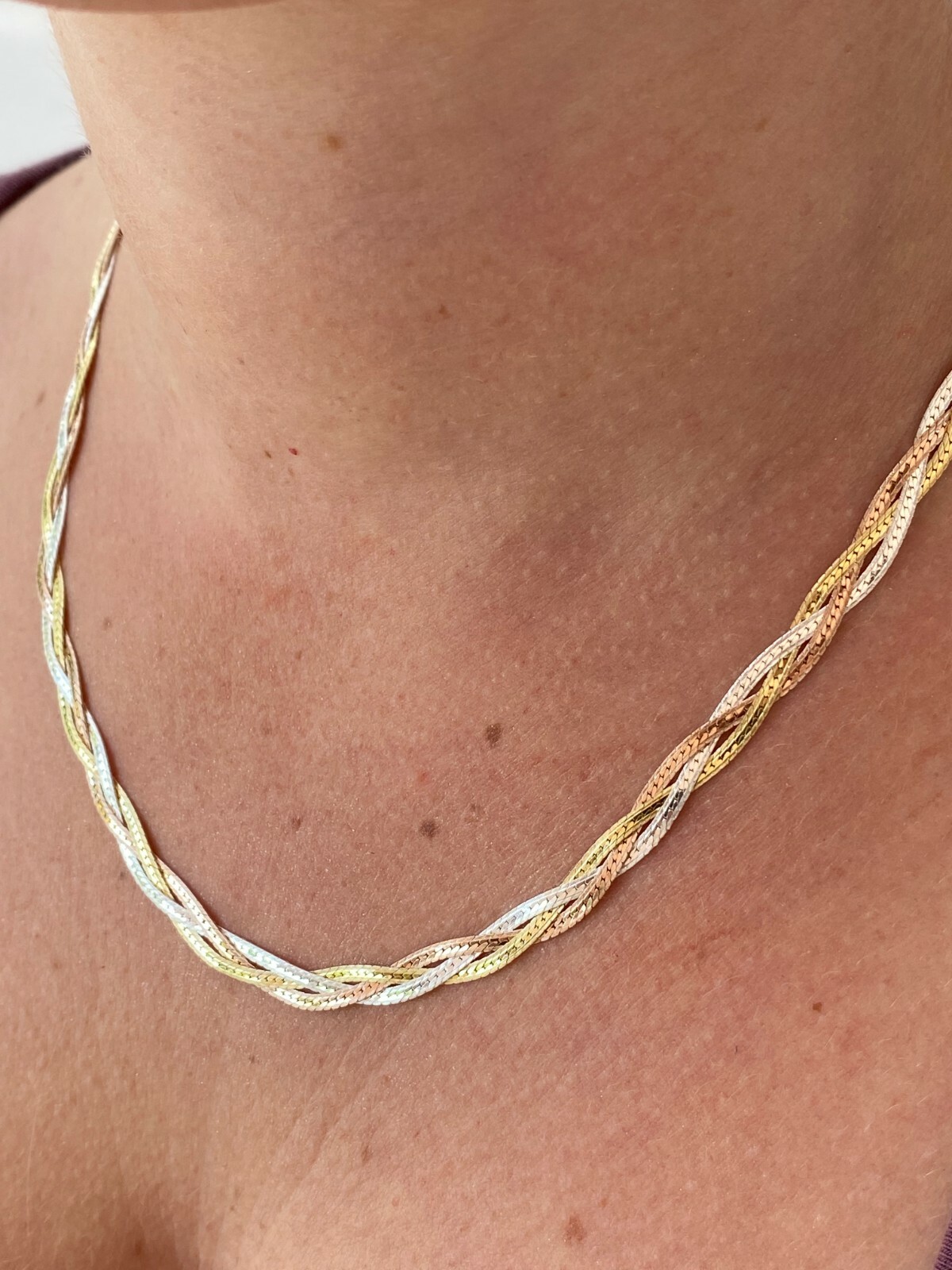 925 Silver TriColor Yellow Rose Gold Plated Twisted Braided Herringbone Necklace