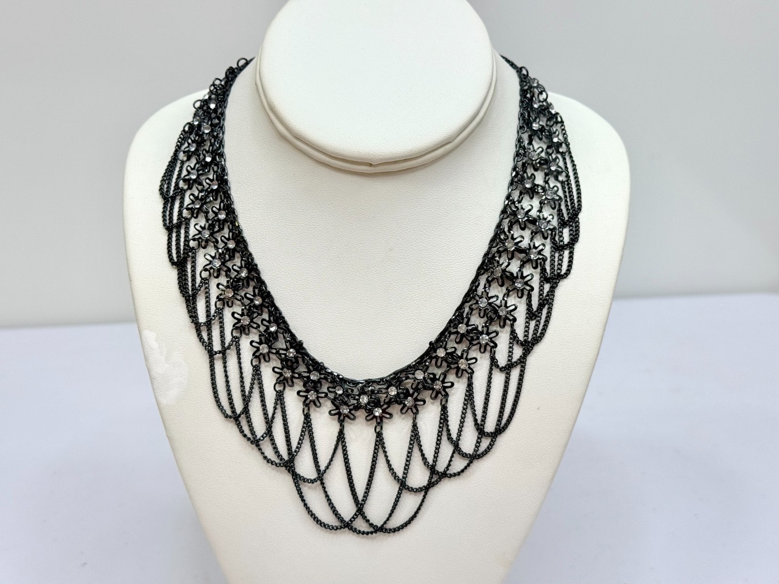 Stunning Statement Choker Necklace Goth Black Chains Clear Rhinestones 16-20 in