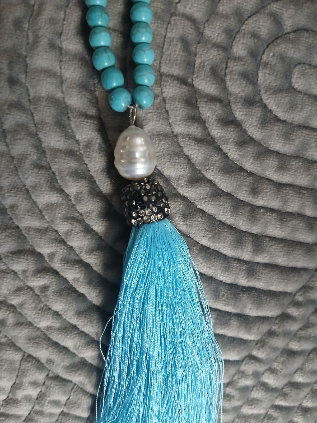 Turquoise Necklace Long Beaded With A Pearl And Tassel