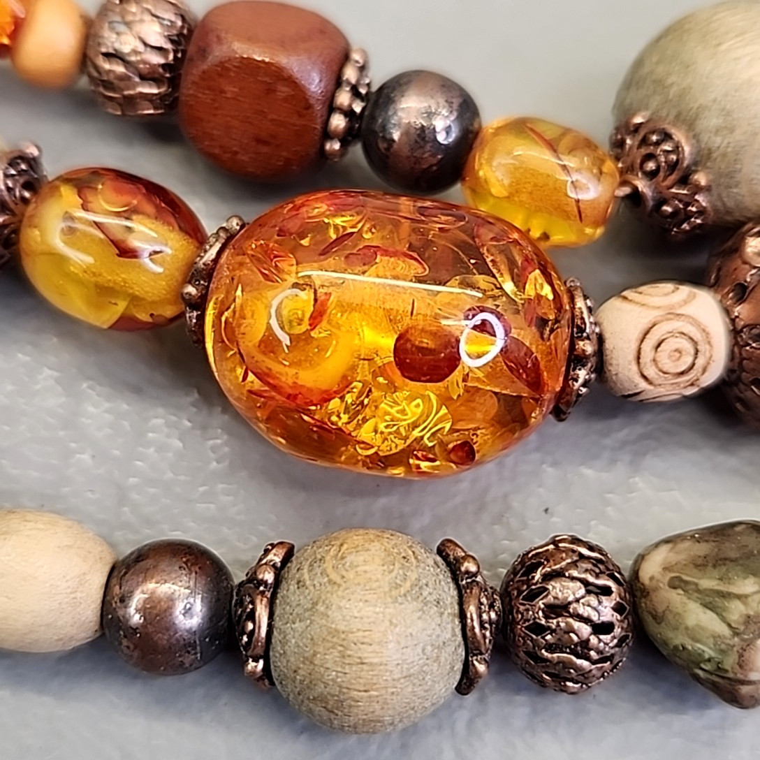 Beaded Necklace Roman Jewelry Copal Wood Beads Triple Layered 16-18″