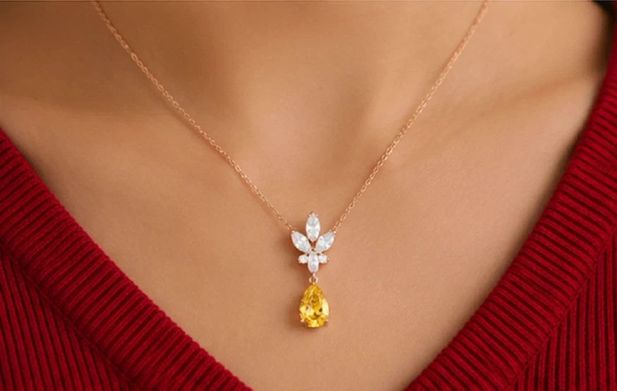 4ct Pear Cut Simulated Citrine/Diamond Pendant Necklace 14k Yellow Gold Plated