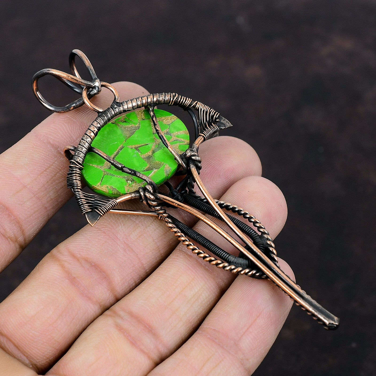 Women’s Day Sale Green Turquoise Copper Mother Gift Wire Wrapped Pendant 3.86″