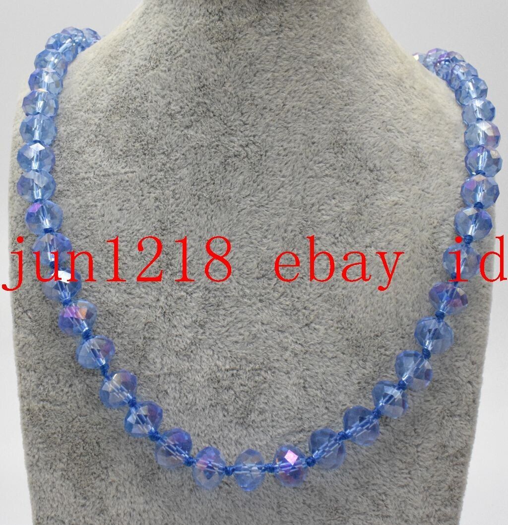 Pretty 8x10mm Blue Faceted Rainbow Crystal Gems Rondelle Beads Necklace 18”
