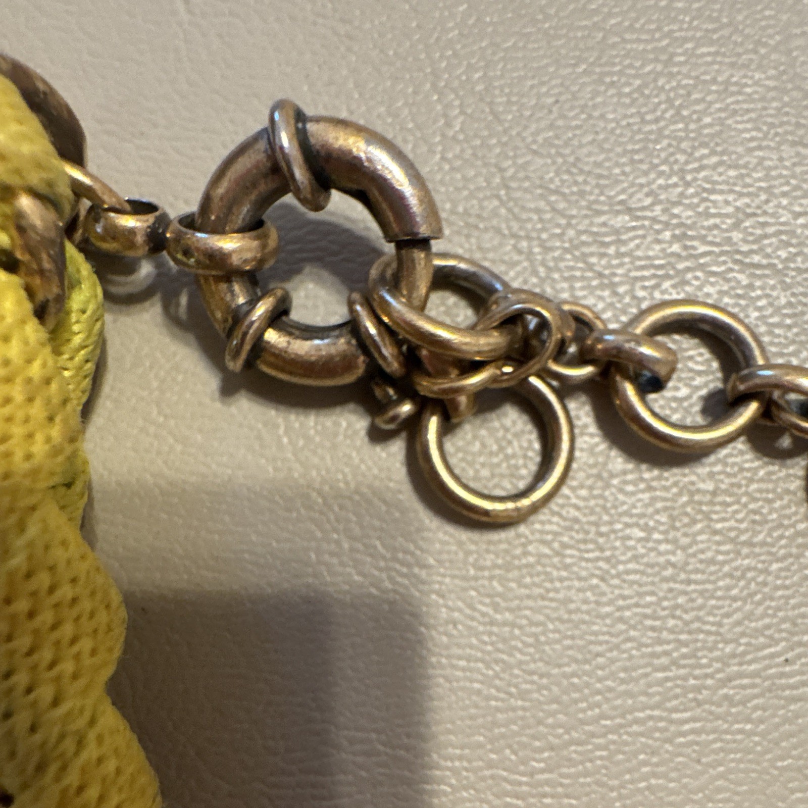 J.CREW 2009 Yellow/antique gold Fabric Chain Statement Necklace Rhinestone Charm