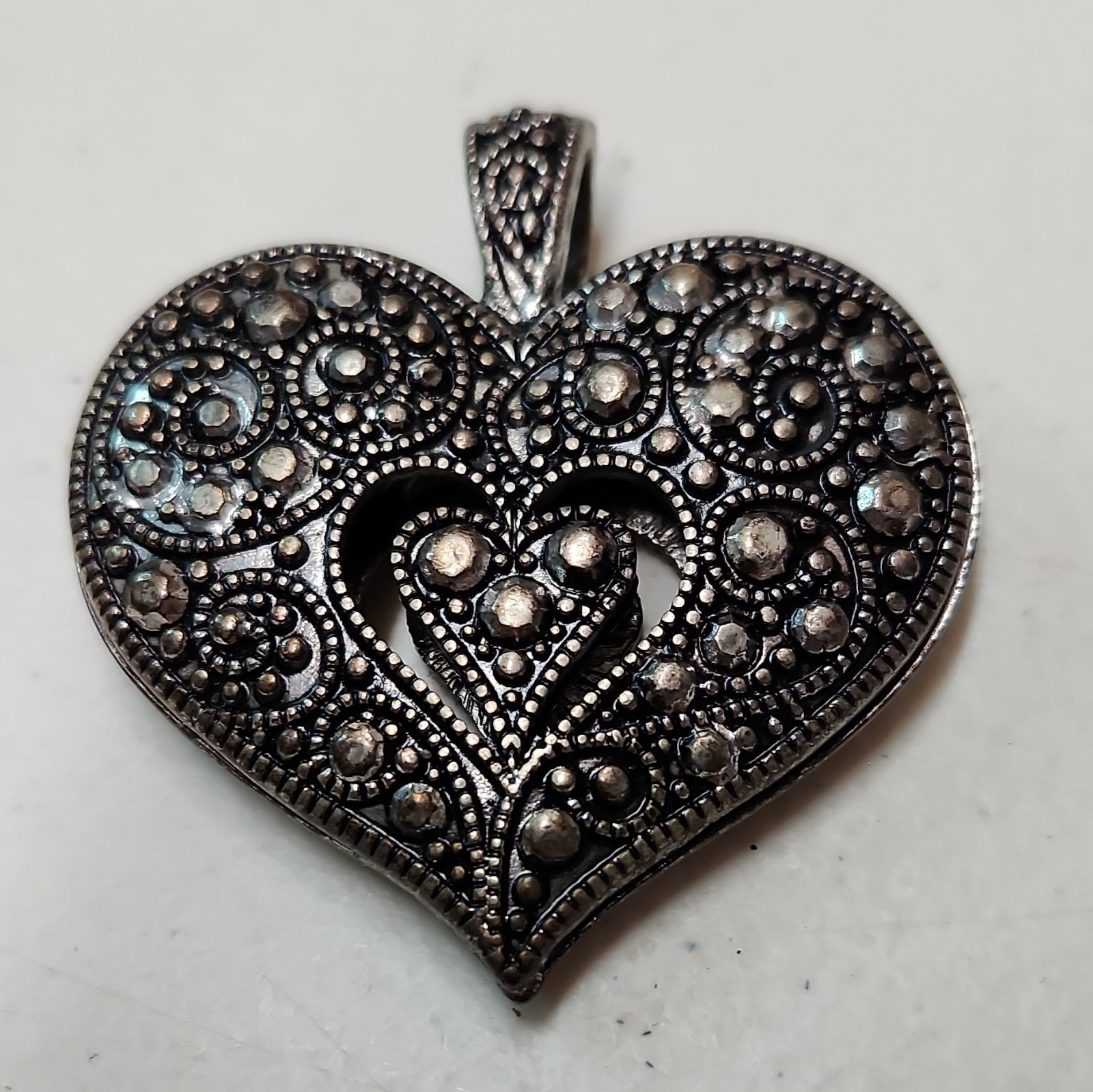 Heart Pendant Charm with White/Colorless Round Crystal Rhinestones, Silver Tone