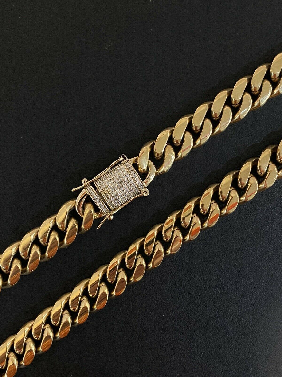 Mens Miami Cuban Chain 14k Gold Plated SS Choker Simulated Diamond Box Lock 18″