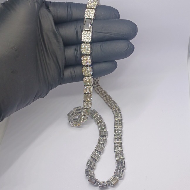 24″ 9mm Square Cluster Crystal Iced Stainless Steel Chain, Box Clasp Beautiful