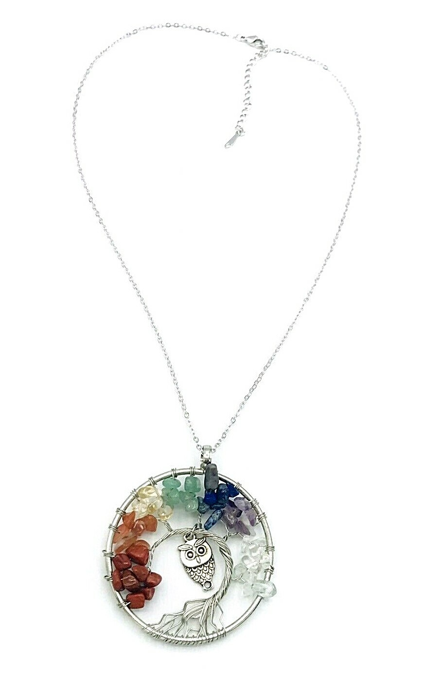 Silver Tone Multi Gemstone Wire Wrapped Tree Of Life Owl Necklace