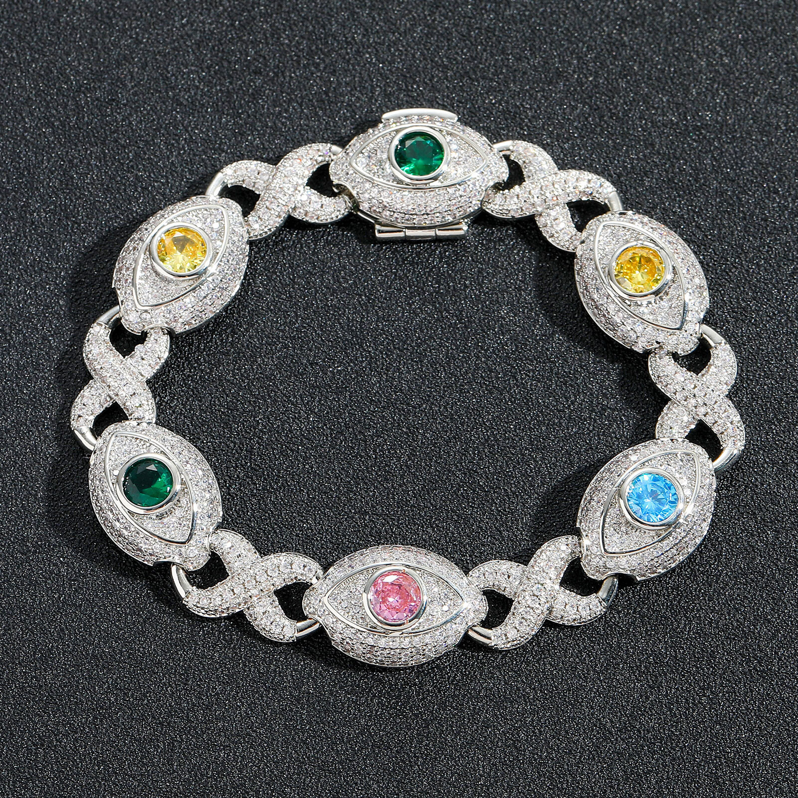Hip Hop Colorful Eye Cuban Chain Necklace Bracelets 5A Zircon Mens Jewelry