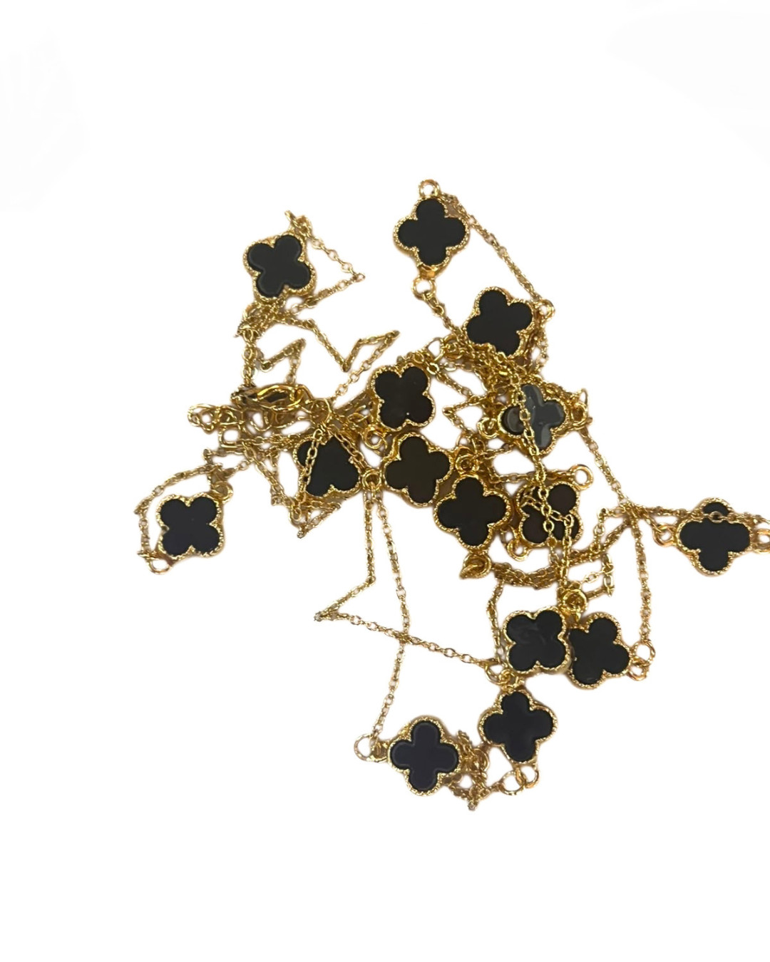 Gold Tone Clover Station Necklace 16 Black Motifs Long Layered Chain 65cm