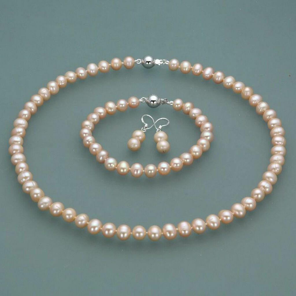 7-8mm Real Natural Freshwater Pearl Necklace Bracelet Earrings Jewelry Set