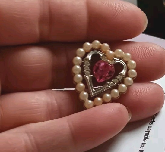 Avon Silver Tone Marked Heart Shaped Pink,colorless Stoned Faux Pearl Pendant