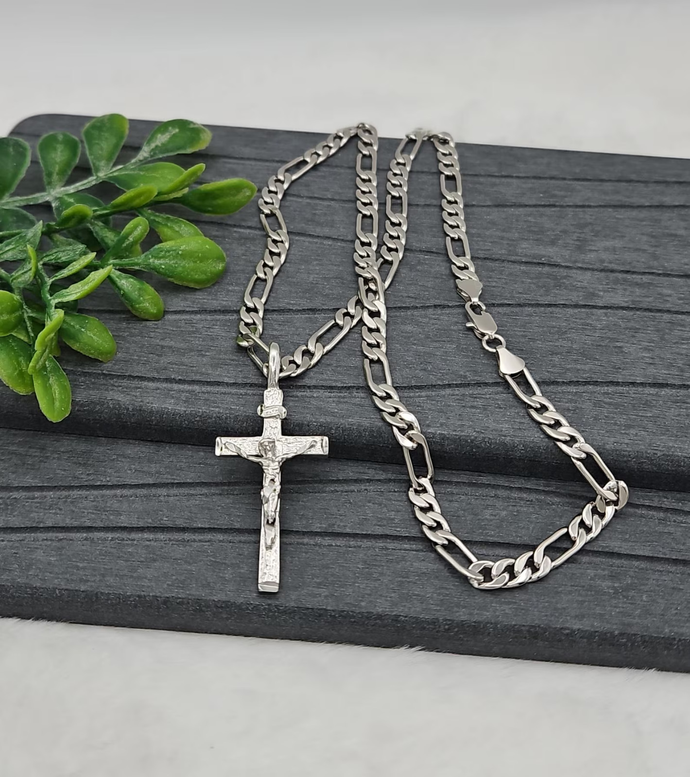 Silver Crucifix Necklace: 5mm Figaro Chain, Rhodium Plated, Men’s Necklace