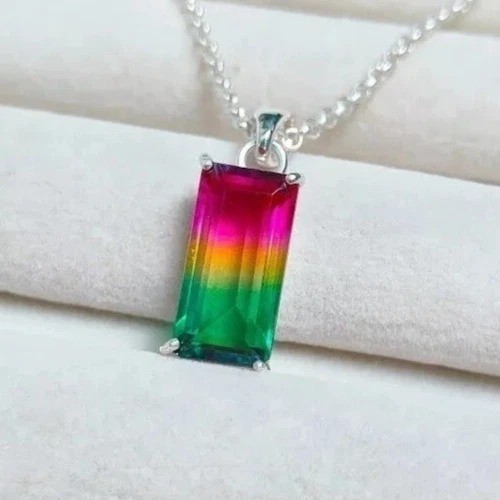 Watermelon Tourmaline Bi-Color Emerald Cut Pendant 100.38 Ct Beautiful Necklace