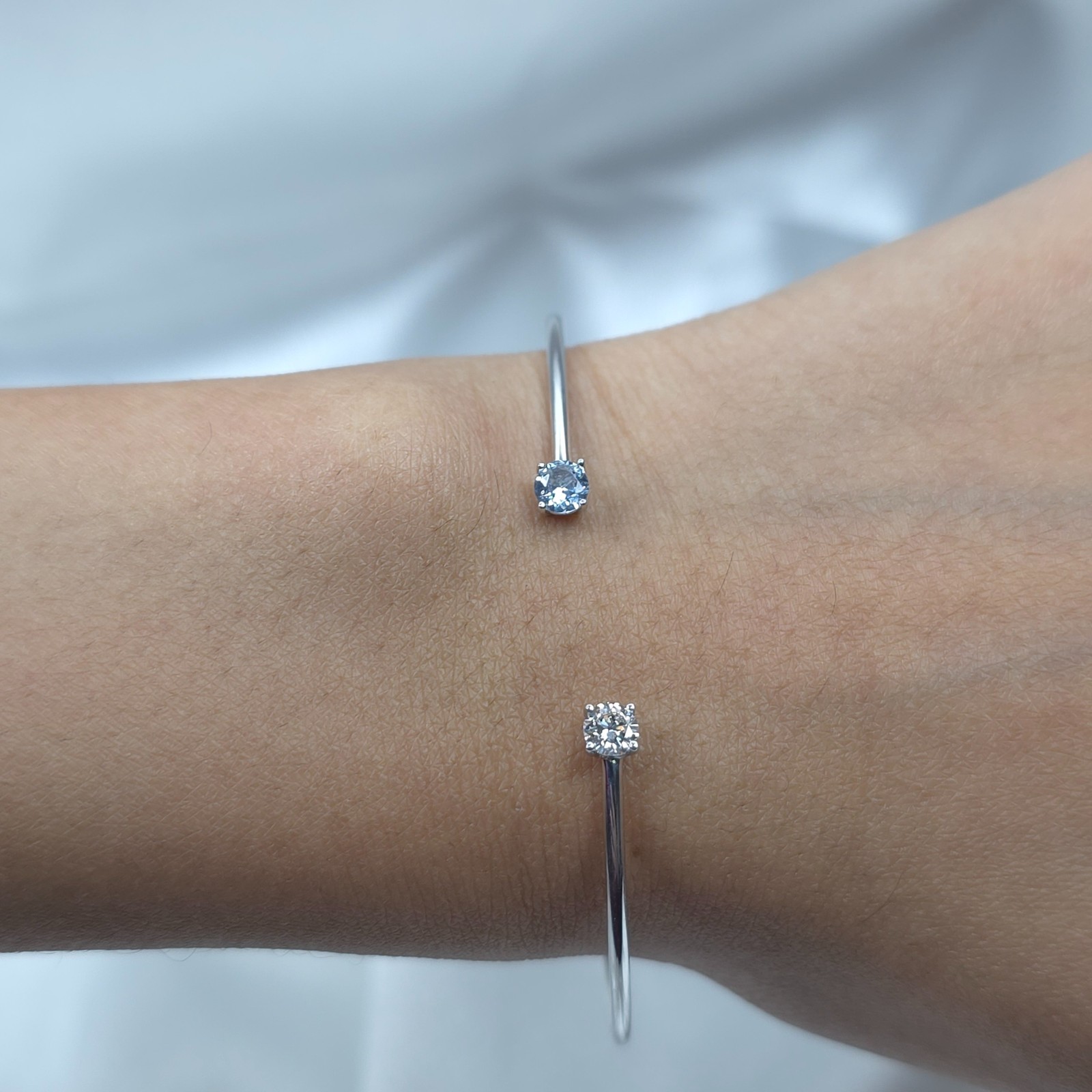 14Kt Gold Simulated Aquamarine and Lab Grown Diamond Open Cuff Bangle