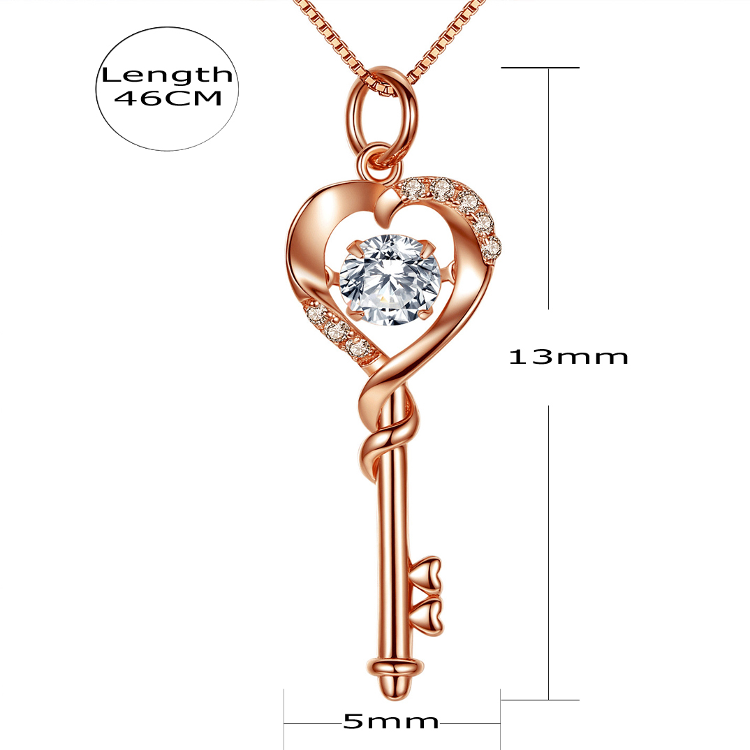 Real Sterling Silver Heart Key Rose Gold Plated Necklace Pendant Gift for Her