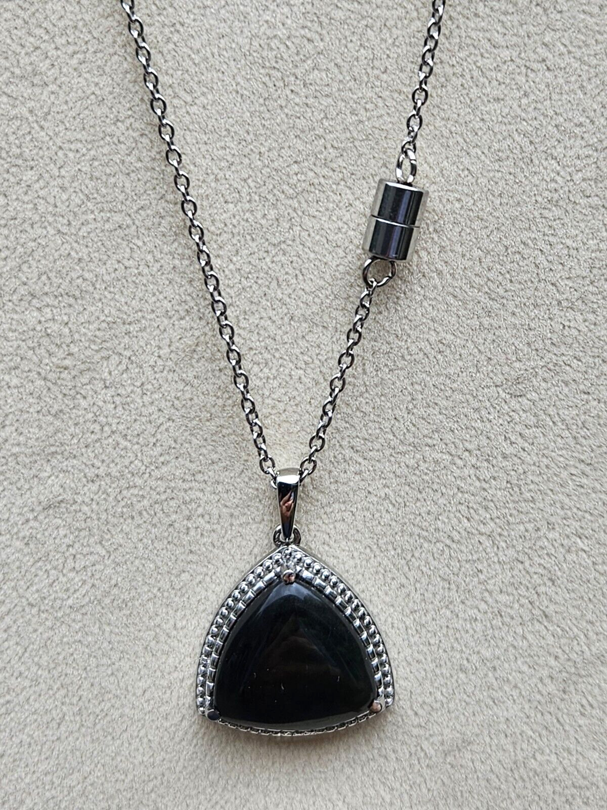 Natural Velvet Obsidian Trillion-Cut Pendant Necklace 20 In. in Stainless Steel