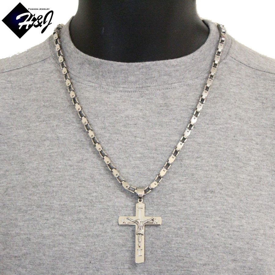 24″MEN’s Stainless Steel 5mm Silver Box Bike Chain Necklace Cross Pendant*SJ