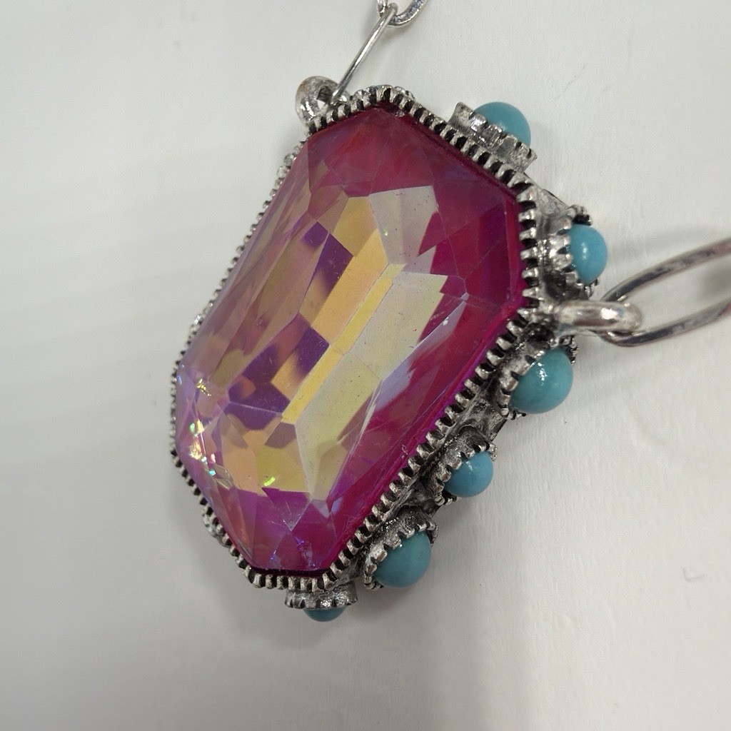 Silver Plated Cable Chain Necklace Rectangle Pink Crystal Pendant Blue Stones