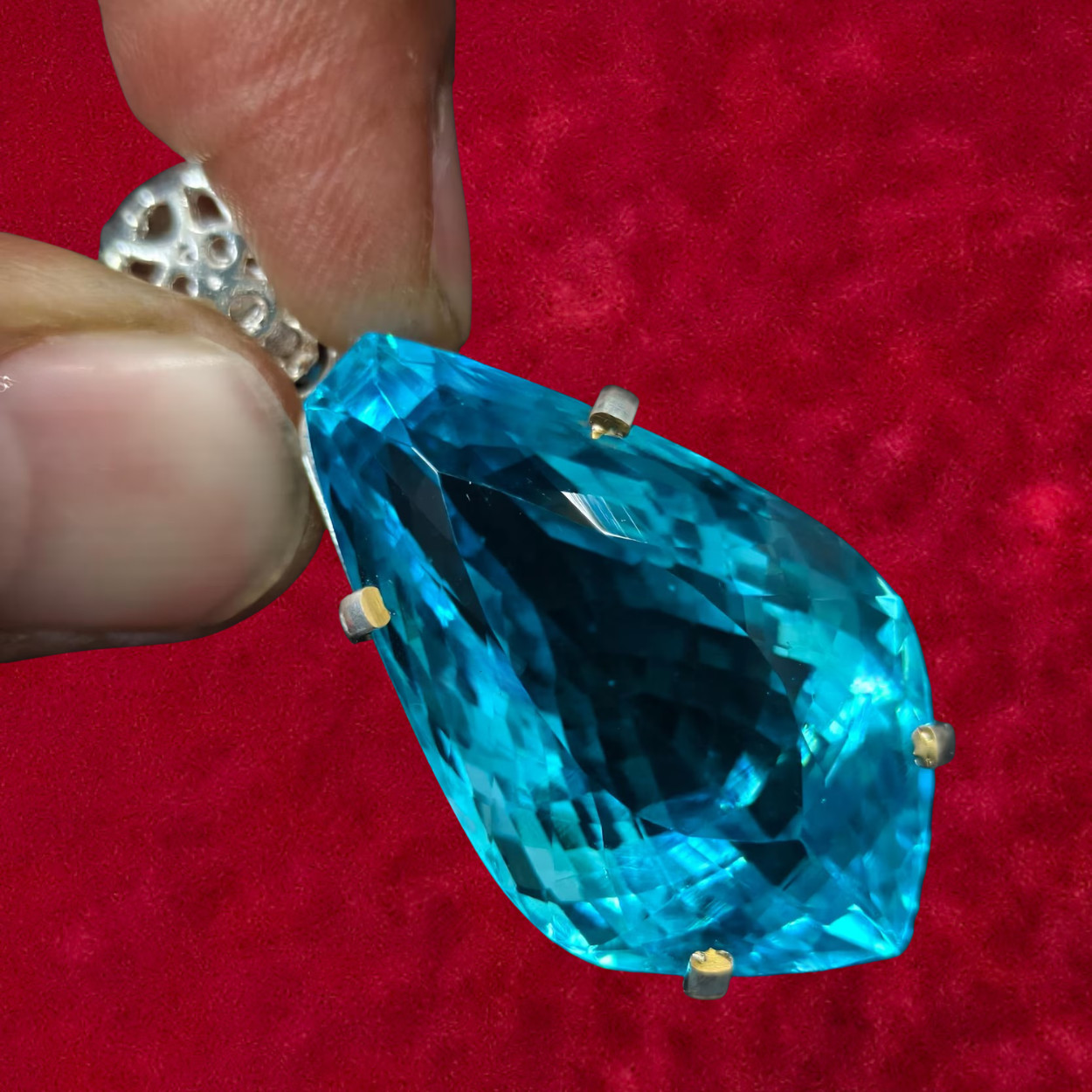 70+ Ct Lab Created Swiss Blue Topaz Fancy Cut German Silver Solitaire Pendant