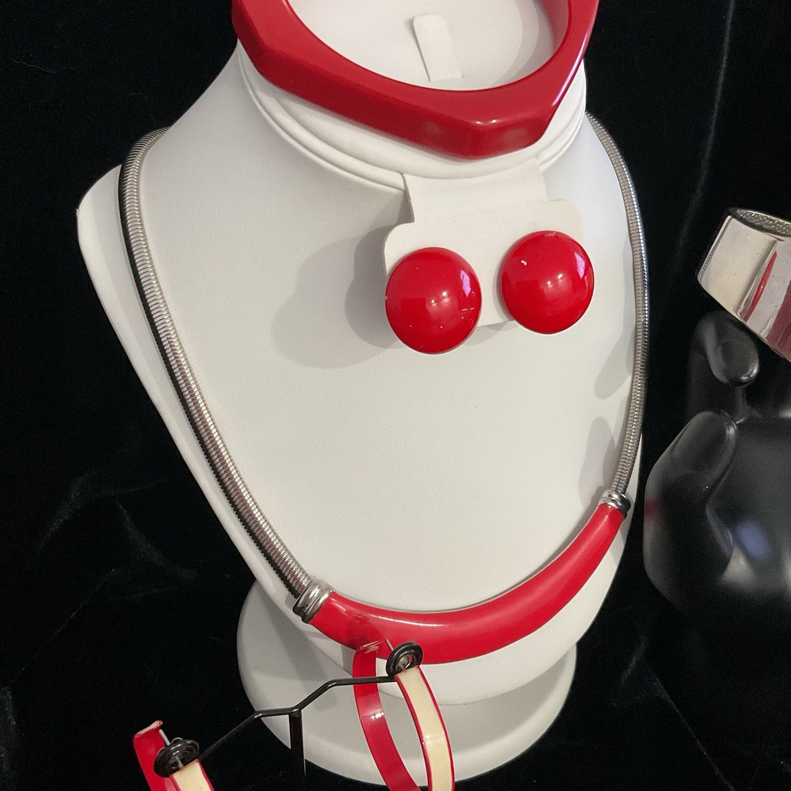 Costume 80S Retro, Red And Silver Jewelry Set Necklace, Earrings Brac Vintage ￼
