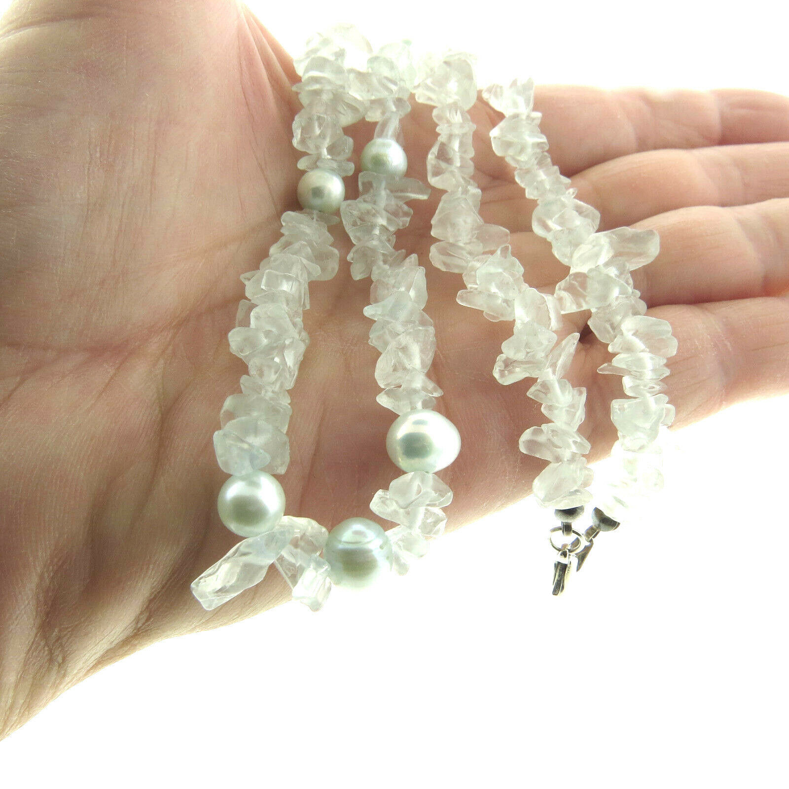 Blue Rock Crystal Quartz and Fresh Water Pearl Necklace 8mm 18″