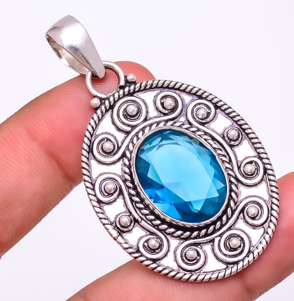 Madagascar Blue Sapphire (Lab-Created) 925 Silver Plated Pendant 2.3″ M1510