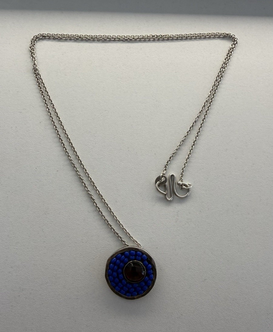 925 Italy Sterling Silver Artisan Pendant Necklace Red Cabochon Blue Beads